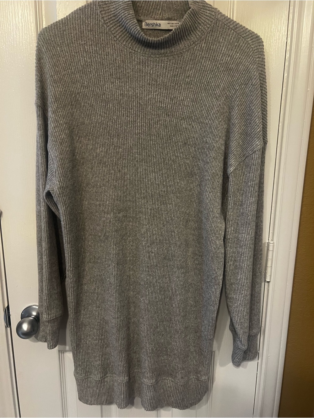 Bershka Heather Grey Ribbed Mock Neck Mini Sweater Dress – Size 2